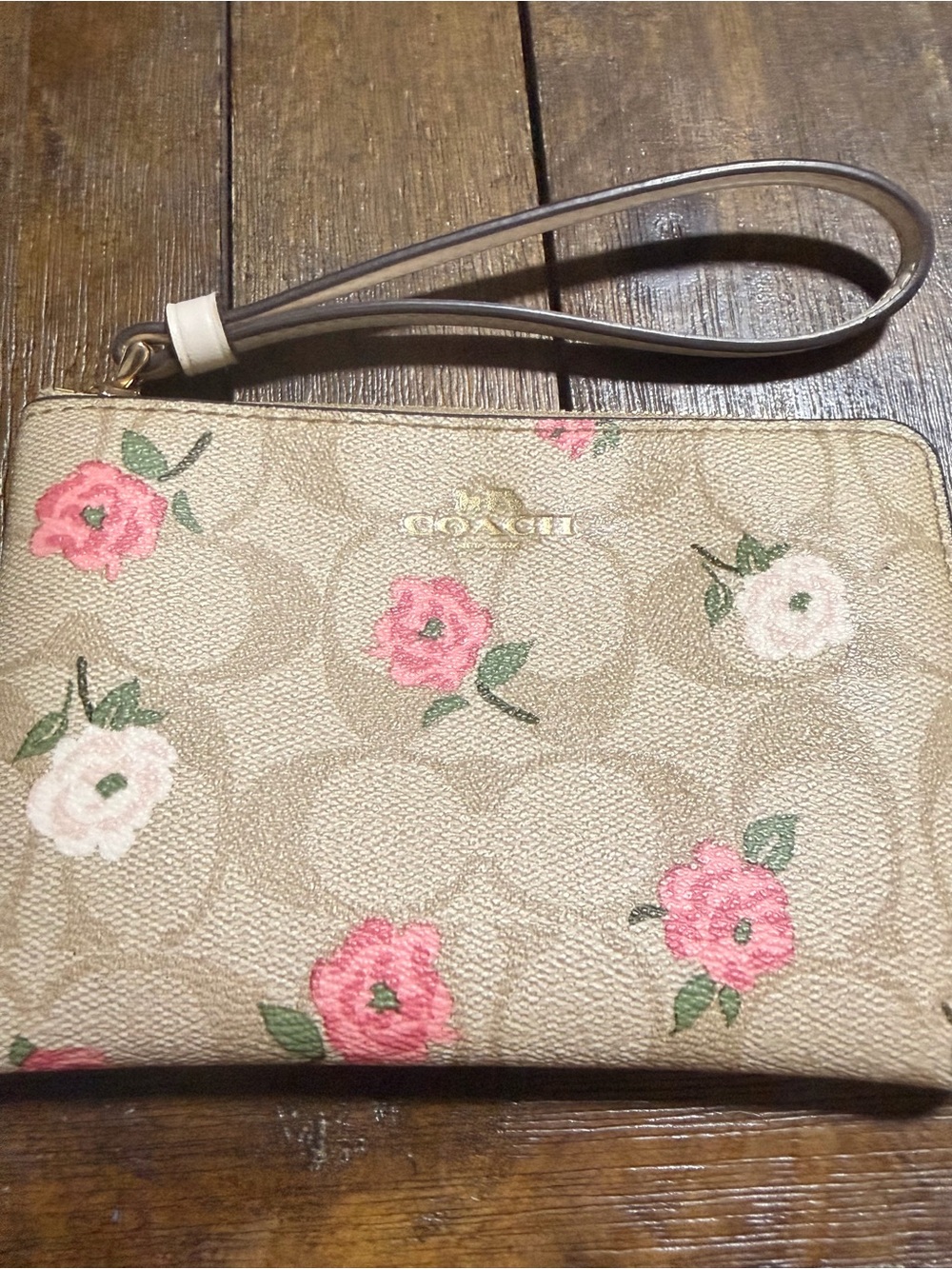 Coach Beige Signature Floral Wristlet with Pink Accents